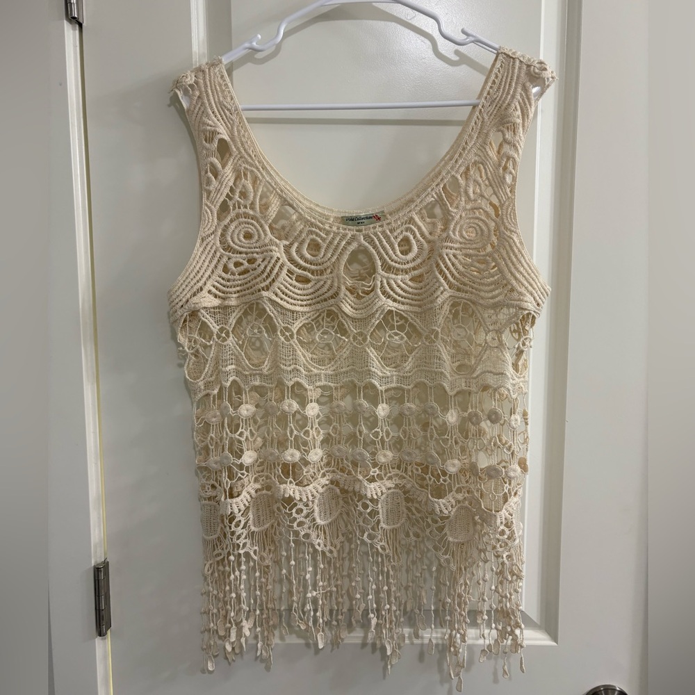 Vivid Collection Chic Boho Western Festival Cream Crochet Fringe Top